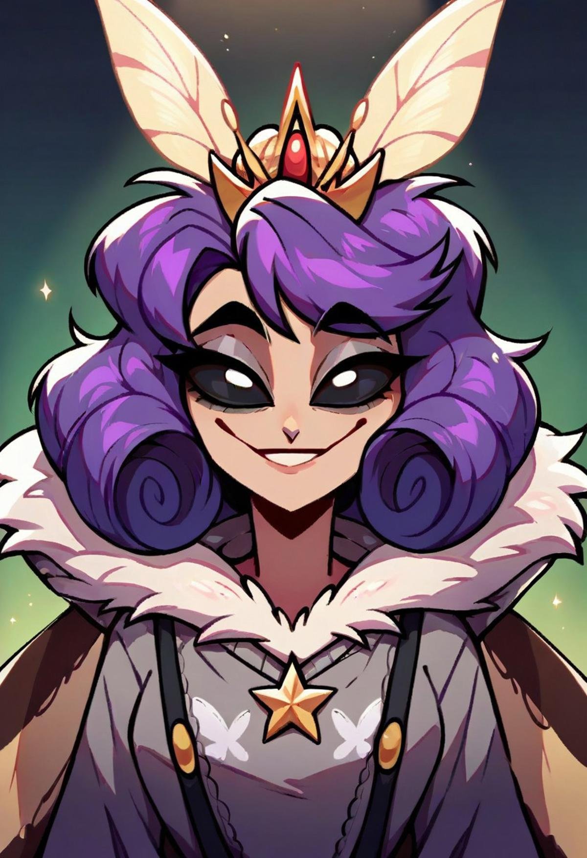 score_9, score_8_up, score_9, score_8_up, headshot portrait, mothgirl, moth antennae, four arms, fur trim, gold crown, oversized sweater, grey cardigan, overalls, white star pattern, short curly hair, purple hair, big wide black eyes, smiling, looking at viewer, moth wings