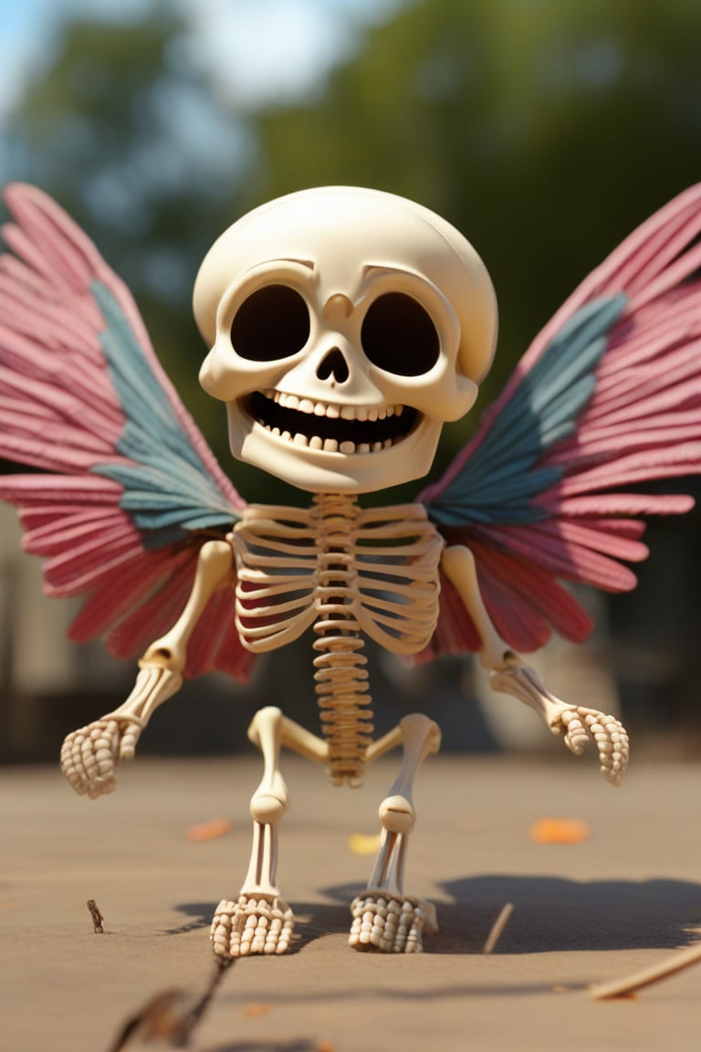 best quality, 4k, 8k, masterpiece, ultra-detailed, photorealistic, a close up of a toy skeleton with wings and a big smile on it's face.