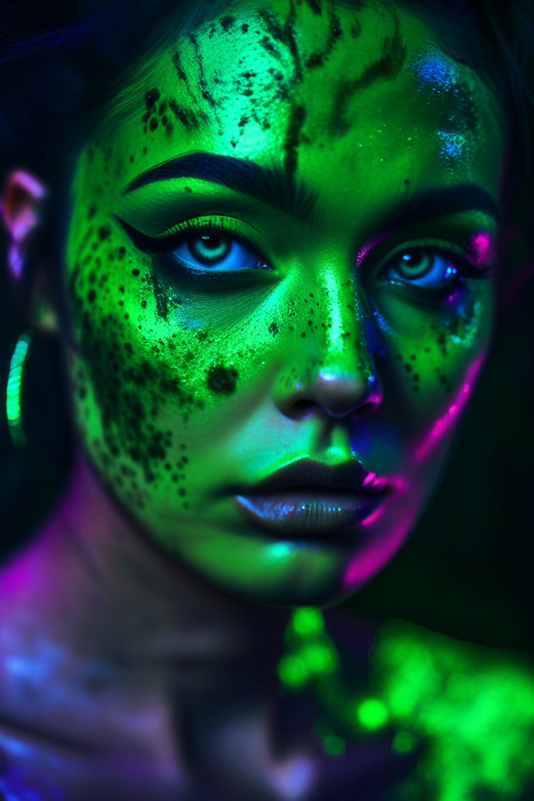 best quality, 4k, 8k, masterpiece, ultra-detailed, a close up of a woman with green makeup and glow in the dark paint on her face, looking at the camera, looking at viewer, man, male focus, portrait, freckles, realistic