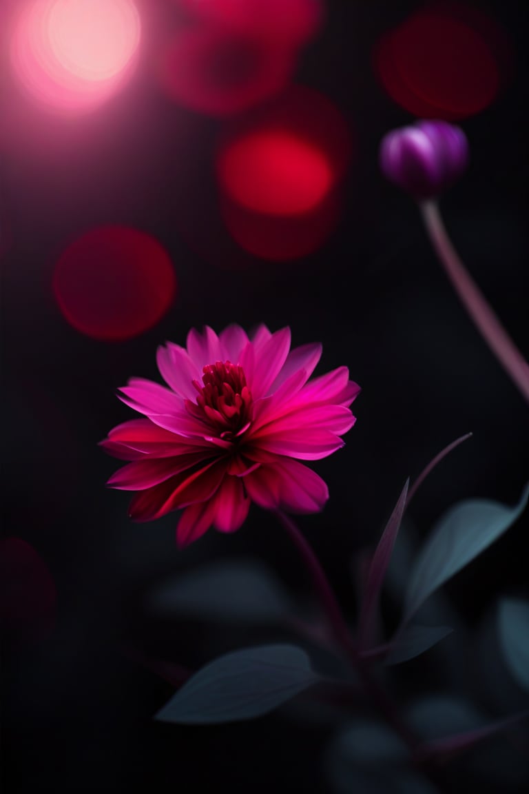 best quality, 4k, 8k, masterpiece, ultra-detailed, a close up of a pink flower on a dark background with blurry bokeh effect in the background, simple background, flower, blurry, no humans, depth of field, leaf, black background, red flower, purple flower, realistic, still life