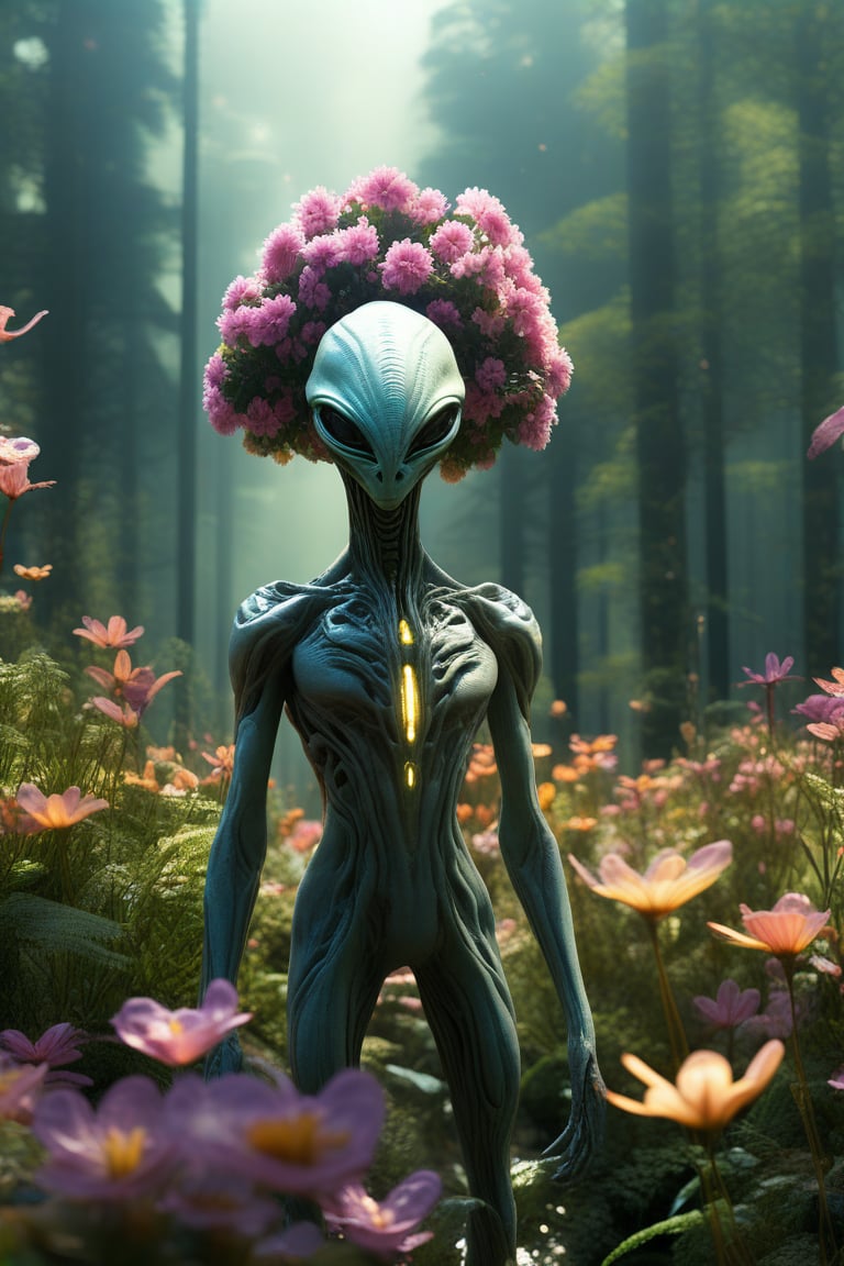 best quality, 4k, 8k, masterpiece, ultra-detailed, an alien is standing in the middle of a forest with flowers on it's head, 3d illustration