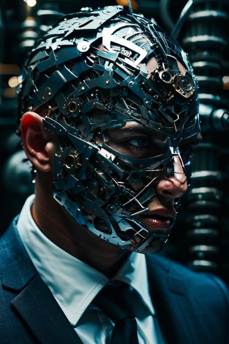 best quality, 4k, 8k, masterpiece, ultra-detailed, a close up of the face of a man in a suit with metal parts on his head and face