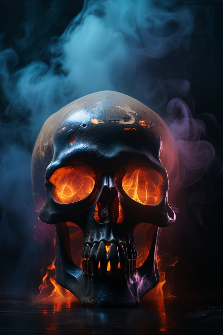 best quality, 4k, 8k, masterpiece, ultra-detailed, photorealistic, an image of a skull with glowing eyes and smoke coming out of its mouth in front of a dark background