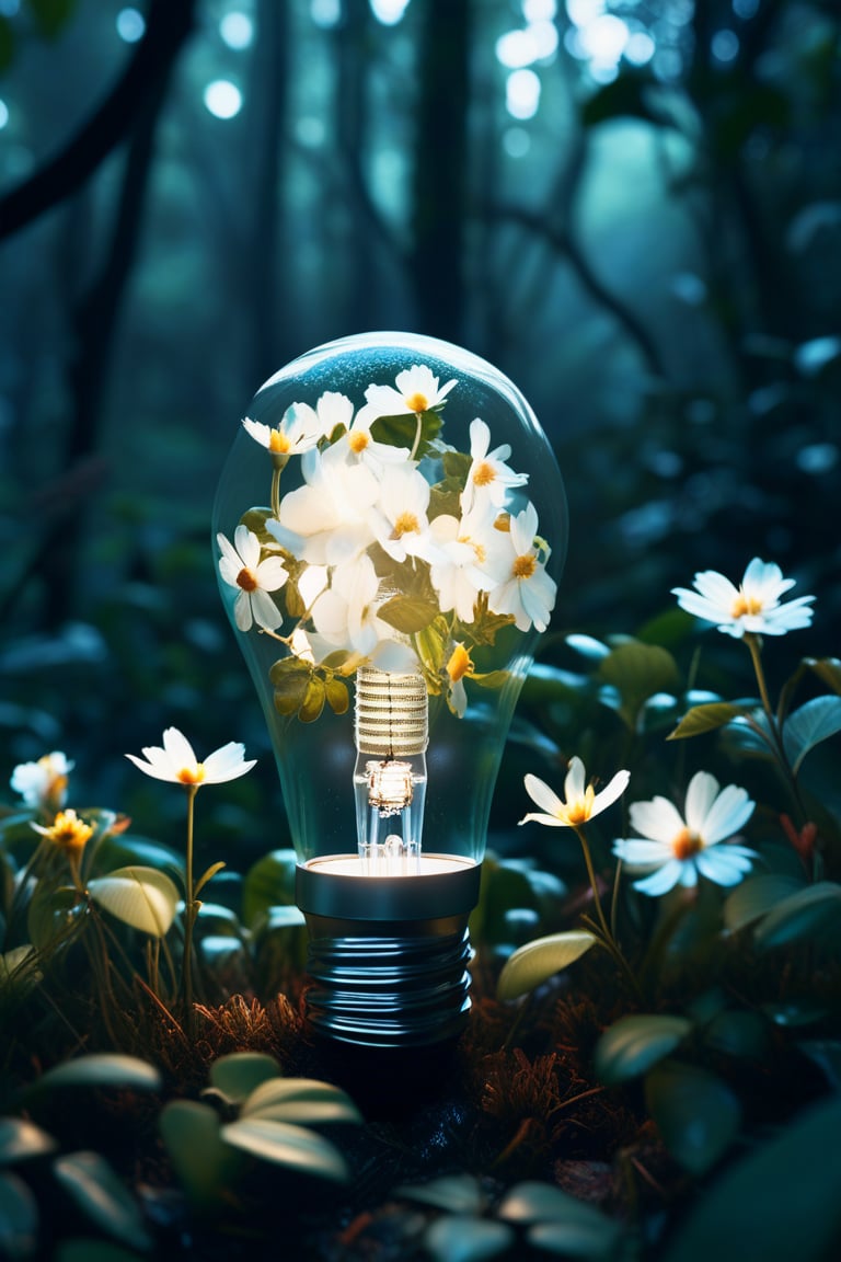 best quality, 4K, 8K, high-resolution, masterpiece, ultra-detailed, photorealistic, a light bulb filled with flowers in the middle of a dark forest, surrounded by leaves and other plants, flower, blurry, no humans, blurry background, depth of field, white flower, plant, scenery, still life,
