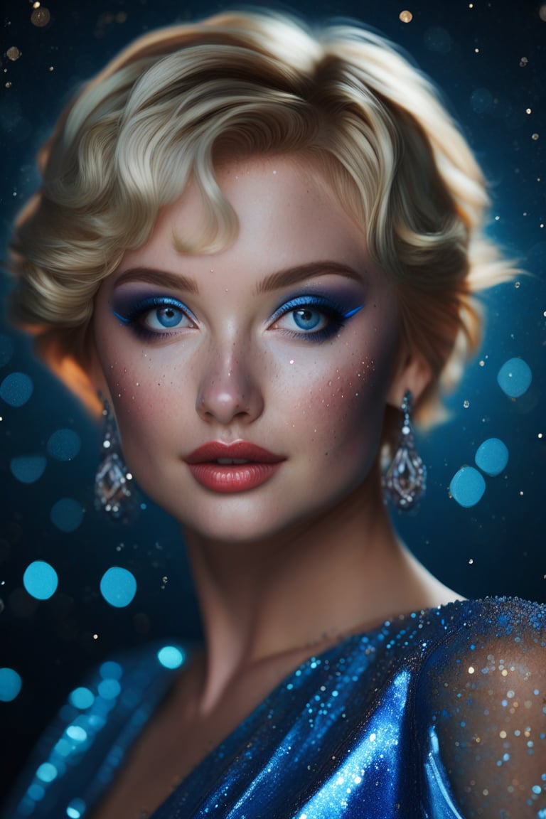 best quality, 4k, 8k, masterpiece, ultra-detailed, photorealistic, woman, looking at viewer, short hair, blue eyes, blonde hair, dress, jewelry, earrings, parted lips, eyelashes, lips, makeup, blue dress, portrait, eyeshadow, freckles, realistic, glitter