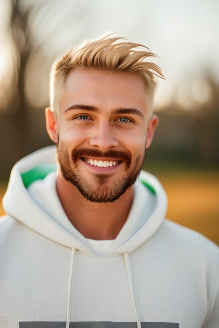 best quality, 4k, 8k, masterpiece, ultra-detailed, photorealistic, looking at viewer, smile, short hair, blonde hair, man, closed mouth, upper body, male focus, outdoors, hood, blurry, hoodie, blurry background, facial hair, hood down, beard, realistic, white hoodie
