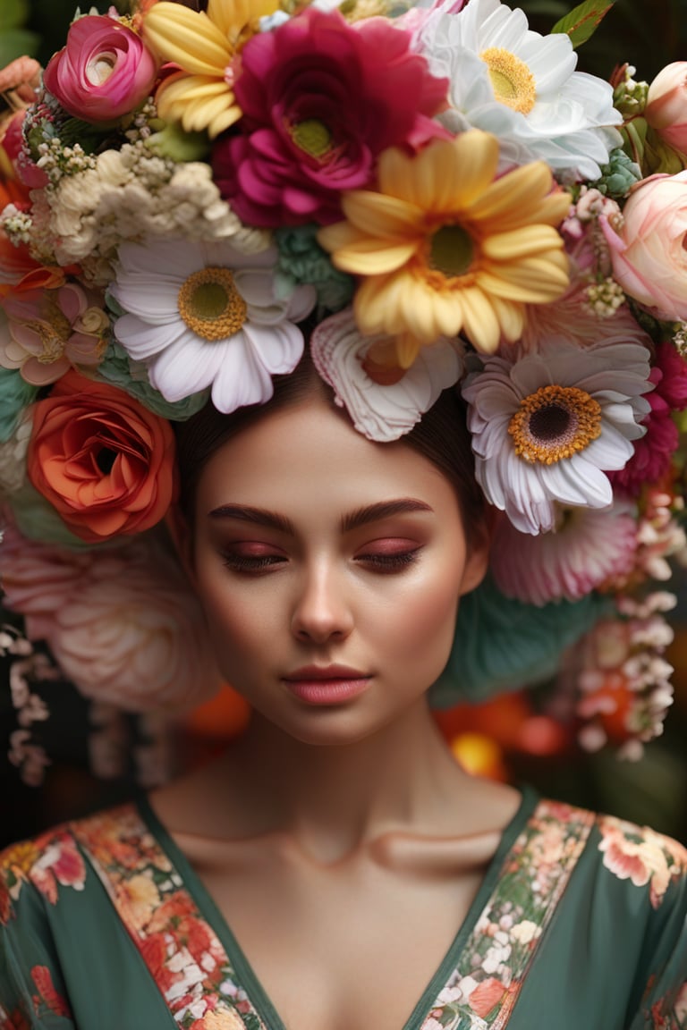 best quality, 4k, 8k, masterpiece, ultra-detailed, photorealistic, a close up of a woman wearing a flower wreath on her head and a flower in her hair
