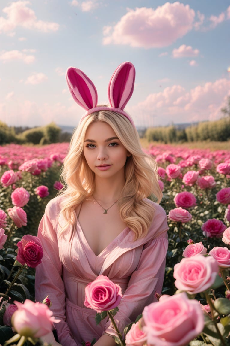 best quality, 4k, 8k, masterpiece, ultra-detailed, a beautiful blonde woman wearing bunny ears in the middle of a field of pink flowers with a rose in her hair