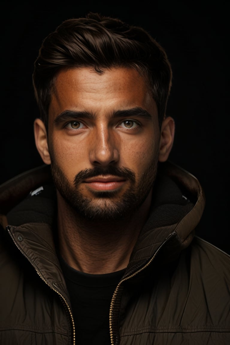 best quality, 4k, 8k, masterpiece, ultra-detailed, photorealistic, looking at viewer, short hair, brown hair, black hair, man, closed mouth, jacket, male focus, facial hair, black background, portrait, realistic, photorealistic
