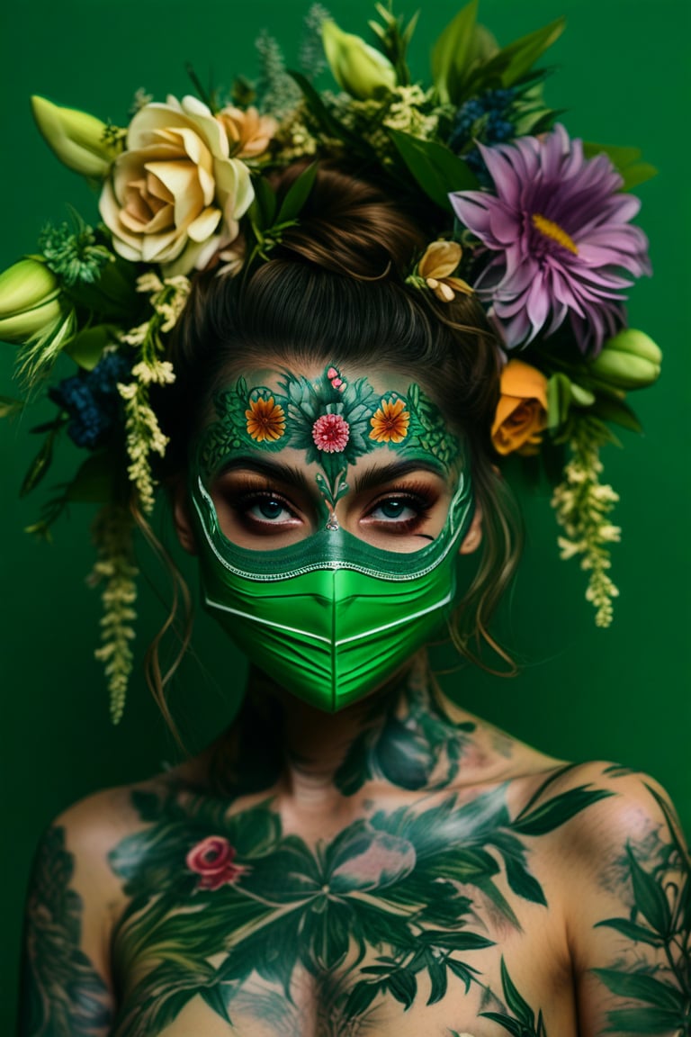 best quality, 4k, 8k, masterpiece, ultra-detailed, tattooed woman with flowers in her hair and a mask in front of green background