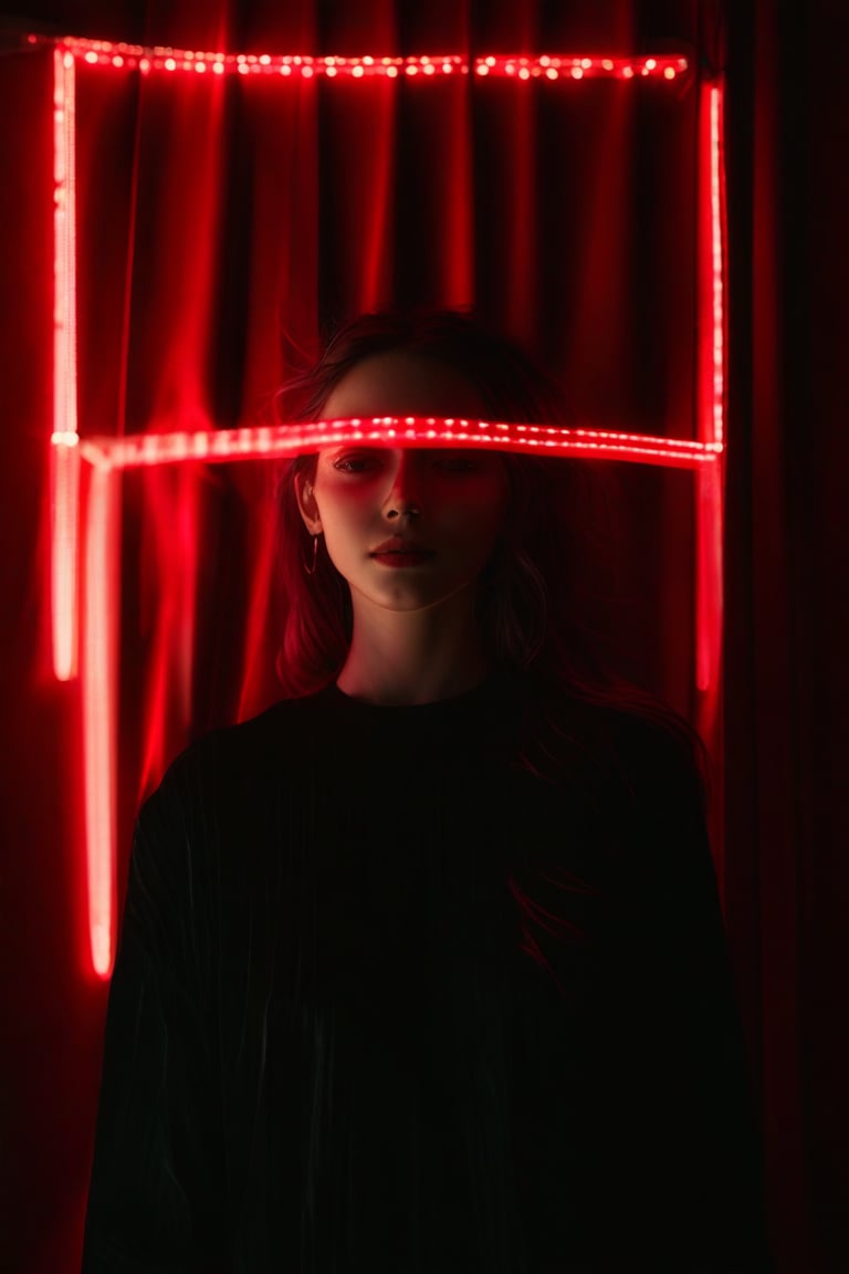 an artistic portrait of a young woman with red light on her face and a red curtain in the background