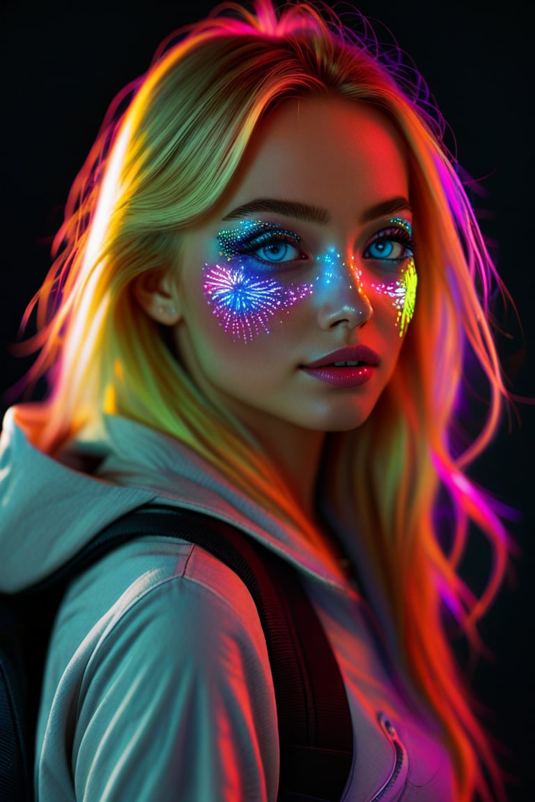 best quality, 4K, 8K, high-resolution, masterpiece, ultra-detailed, photorealistic, a beautiful blonde woman with neon colored makeup on her face and a backpack in front of a black background, woman, long hair, looking at viewer, blue eyes, shirt, blonde hair, jacket, upper body, lips, freckles, realistic