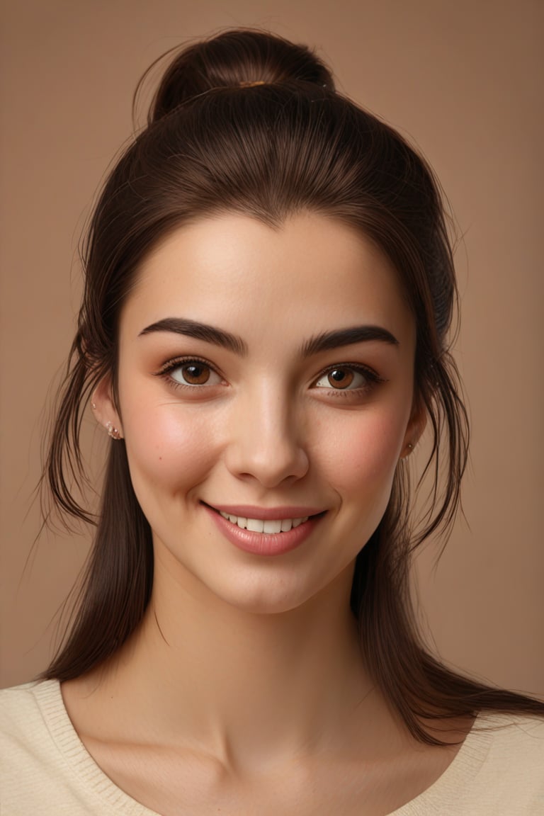 best quality, 4k, 8k, masterpiece, ultra-detailed, photorealistic, woman, long hair, looking at viewer, smile, simple background, brown hair, black hair, closed mouth, jewelry, brown eyes, ponytail, earrings, lips, piercing, portrait, forehead, brown background, realistic