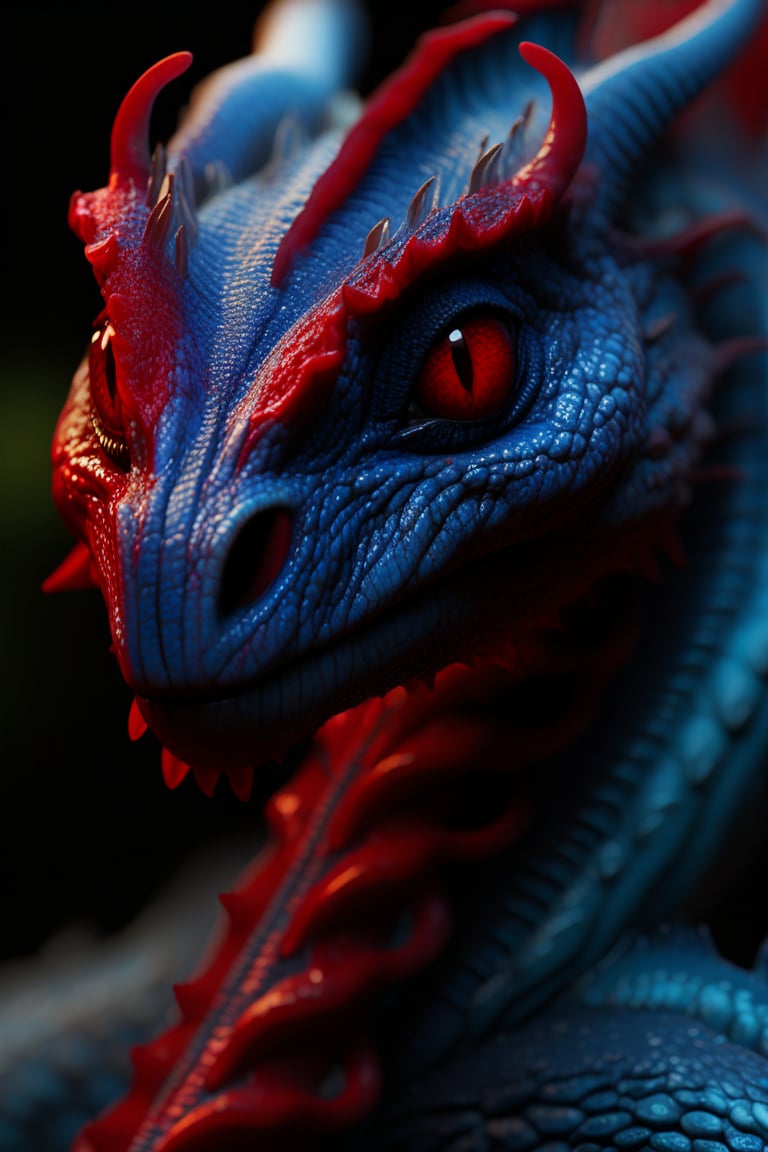 best quality, 4k, 8k, masterpiece, ultra-detailed, a close - up shot of a red and blue dragon with its head turned to look at the camera, looking at viewer, simple background, red eyes, horns, blurry, no humans, colored skin, black background, portrait, tentacles, colored sclera, monster, realistic, extra eyes, alien
