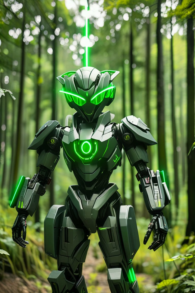 best quality, 4k, 8k, masterpiece, ultra-detailed, a sci - fi robot standing in the middle of a forest with a green light on it's head, standing, outdoors, blurry, armor, tree, no humans, blurry background, helmet, robot, nature, science fiction, forest, cable, humanoid robot