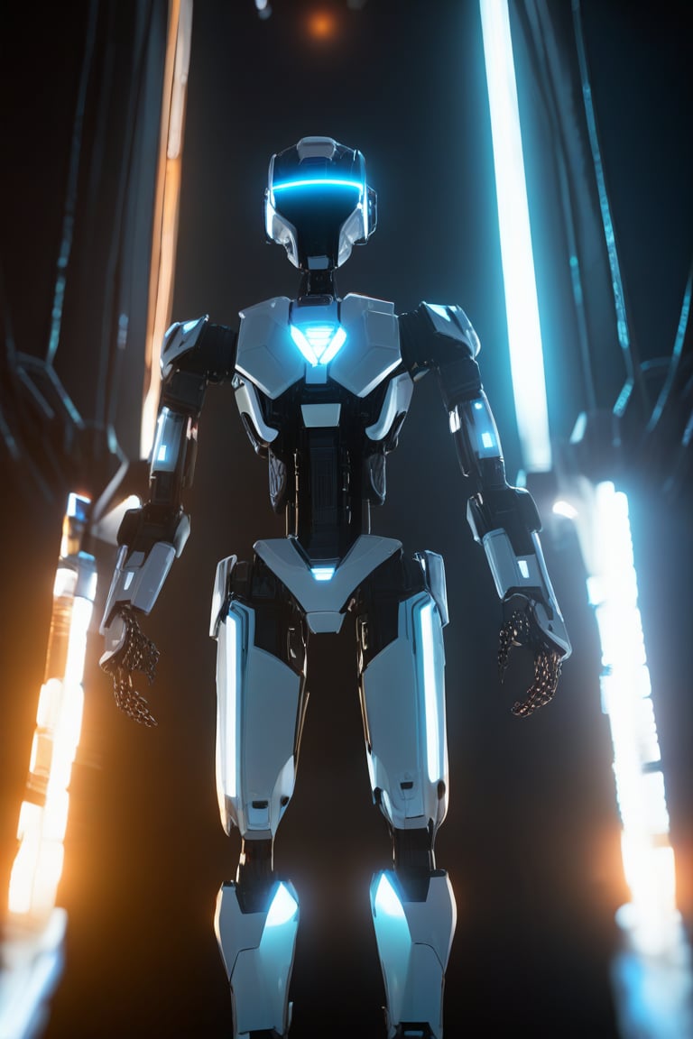 best quality, 4k, 8k, masterpiece, ultra-detailed, a robot is standing in front of a dark background with a bright light in the middle of the picture, blurry, no humans, blurry background, depth of field, robot, science fiction, cable, humanoid robot