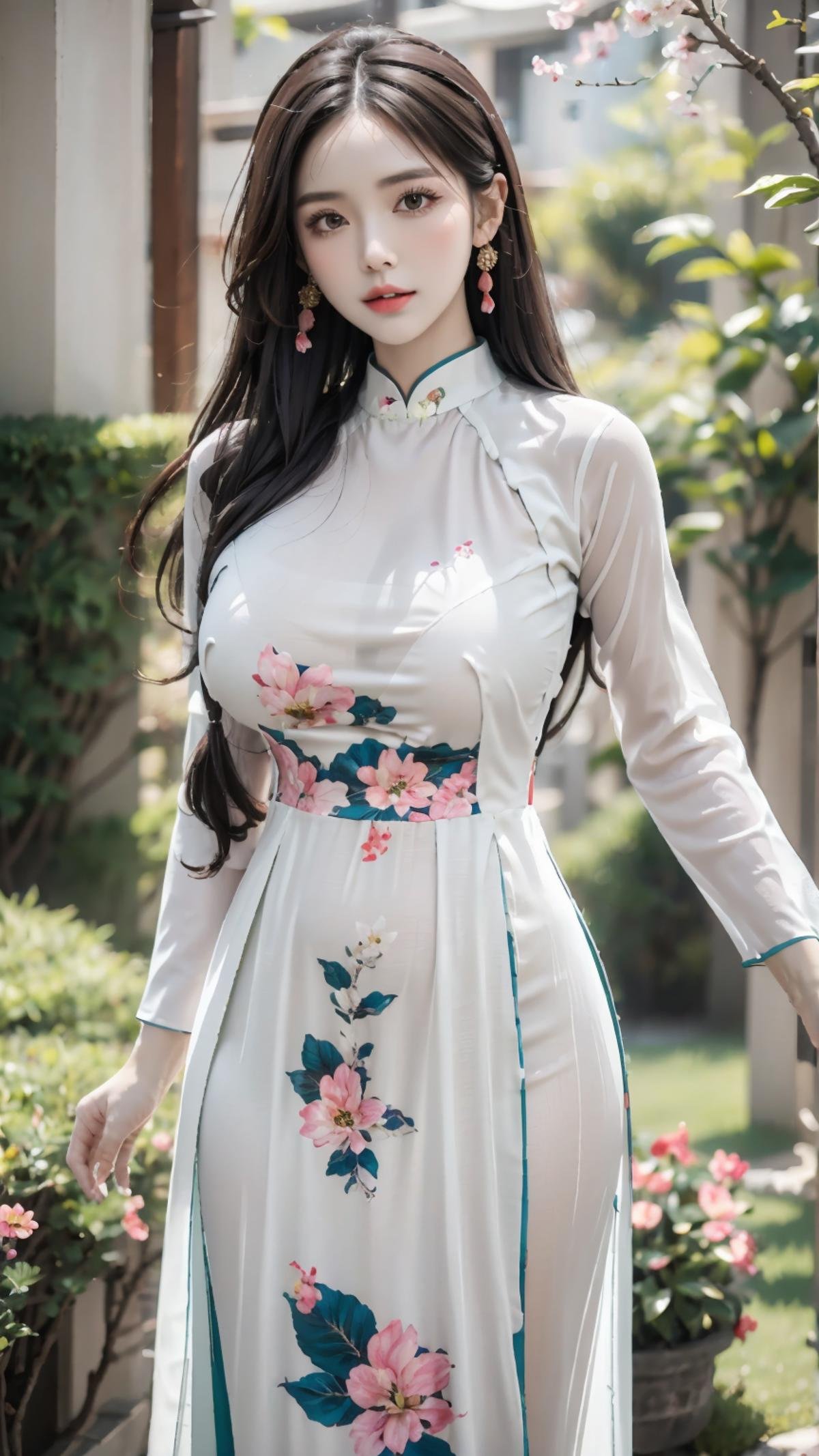 masterpiece,(bestquality),ultra-detailed,1girl,solo,hip up,accessories,red aodai,floral print,huge breasts,<lora:ntmix1:0.7>,<lora:Aodai VN:0.6>,