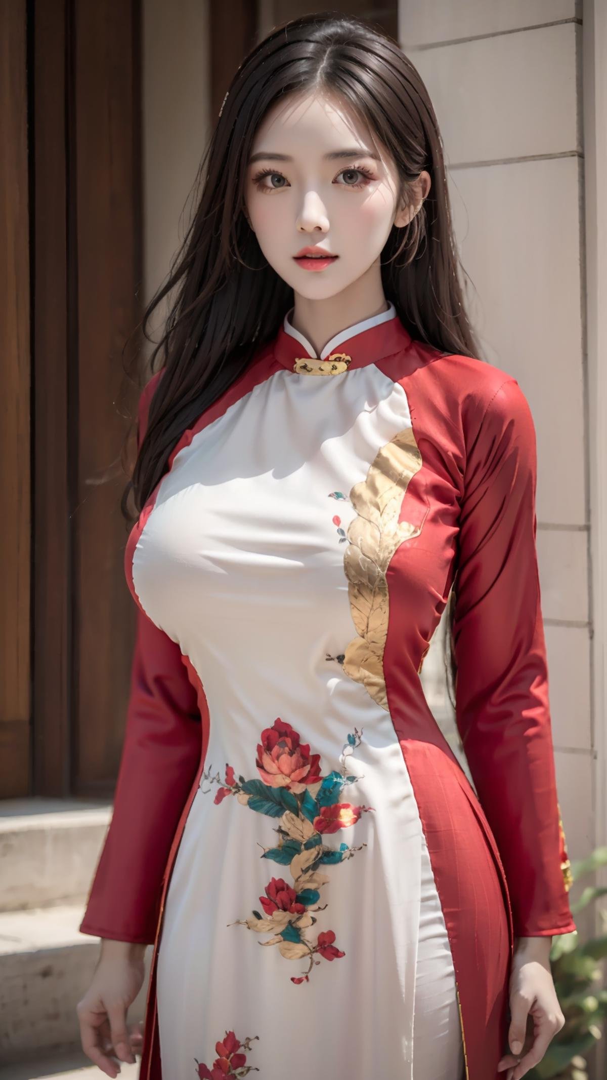 masterpiece,(bestquality),ultra-detailed,1girl,solo,hip up,accessories,red aodai,red clothing,huge breasts,<lora:ntmix1:0.7>,<lora:Aodai VN:0.6>,