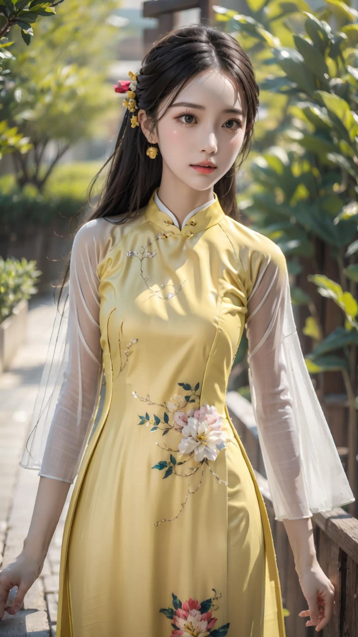 masterpiece,(bestquality),ultra-detailed,1girl,solo,accessories,yellow aodai,<lora:ntmix1:0.7>,<lora:Aodai VN:0.6>,