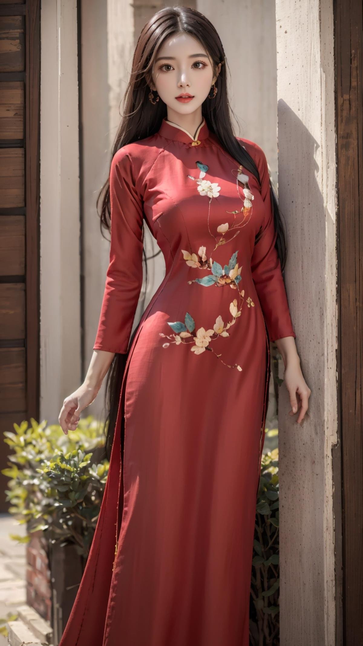 masterpiece,(bestquality),ultra-detailed,1girl,solo,hip up,accessories,red aodai,red clothing,huge breasts,<lora:ntmix1:0.7>,<lora:Aodai VN:0.6>,