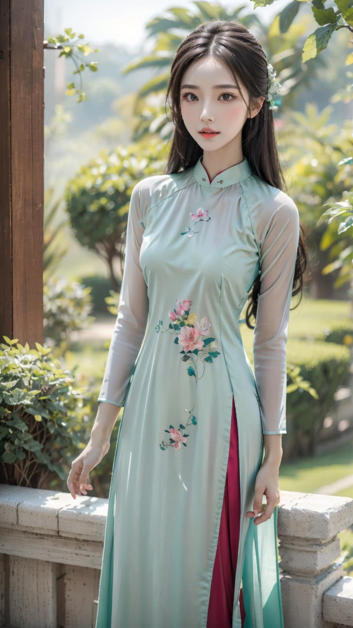 masterpiece,(bestquality),ultra-detailed,1girl,solo,accessories,green aodai,<lora:ntmix1:0.7>,<lora:Aodai VN:0.6>,