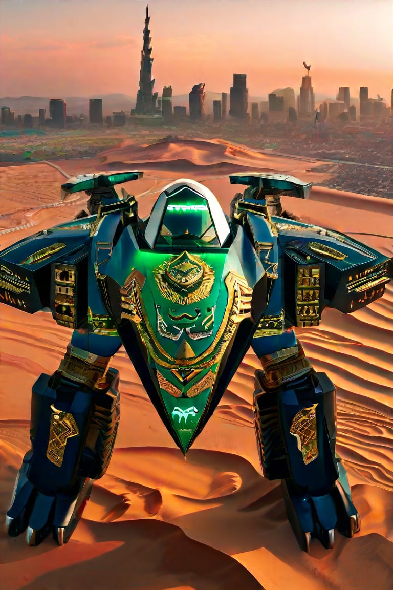 A bird’s eye view of a gigantic Pacific Rim Jaeger representing Saudi Arabia. The Jaeger’s design is inspired by the Kaaba, featuring black and gold-tinted armor with intricate Islamic geometric patterns. Its headpiece resembles a traditional ghutra, and its body is adorned with calligraphy. The Jaeger’s core glows with a bright green light, symbolizing the national flag. Below, the landscape reveals vast deserts and urban skyscrapers. Enhanced with glare, lens flare, and cinematic lighting, the Jaeger’s imposing presence is accentuated by swirling sand particles and sparks, capturing Saudi Arabia's spiritual and modern essence,Gao Hunter