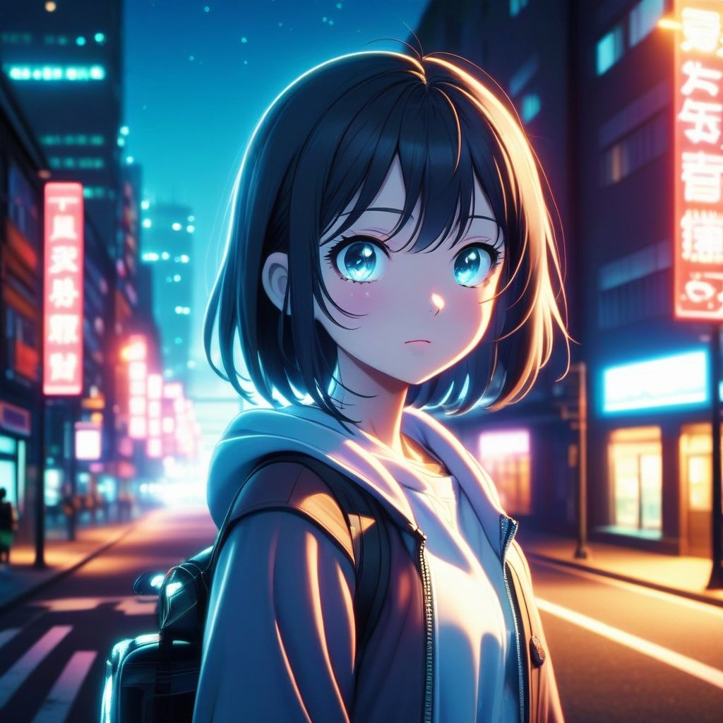 1girl, casual outfit, outdoors, looking at viewer, medium hair, close view,midjourney,anime,neonlight