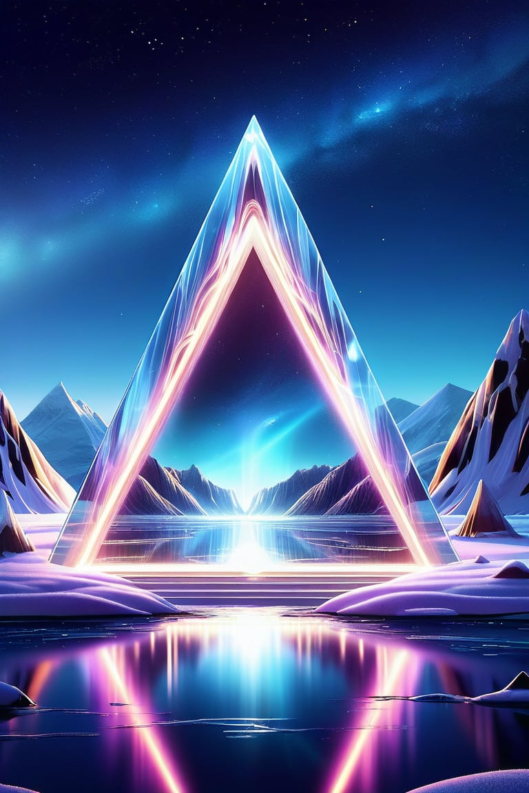 ice, In the (heart) of an ethereal landscape, a triangular portal integrating with the serene surroundings of a celestial realm. The mystical air and twilight rays penetrating the glassy surface, crafting a hypnotic display of illumination and shadow. deep focus, simple illustration, some silver details, Wonder, Twilight,neonlight