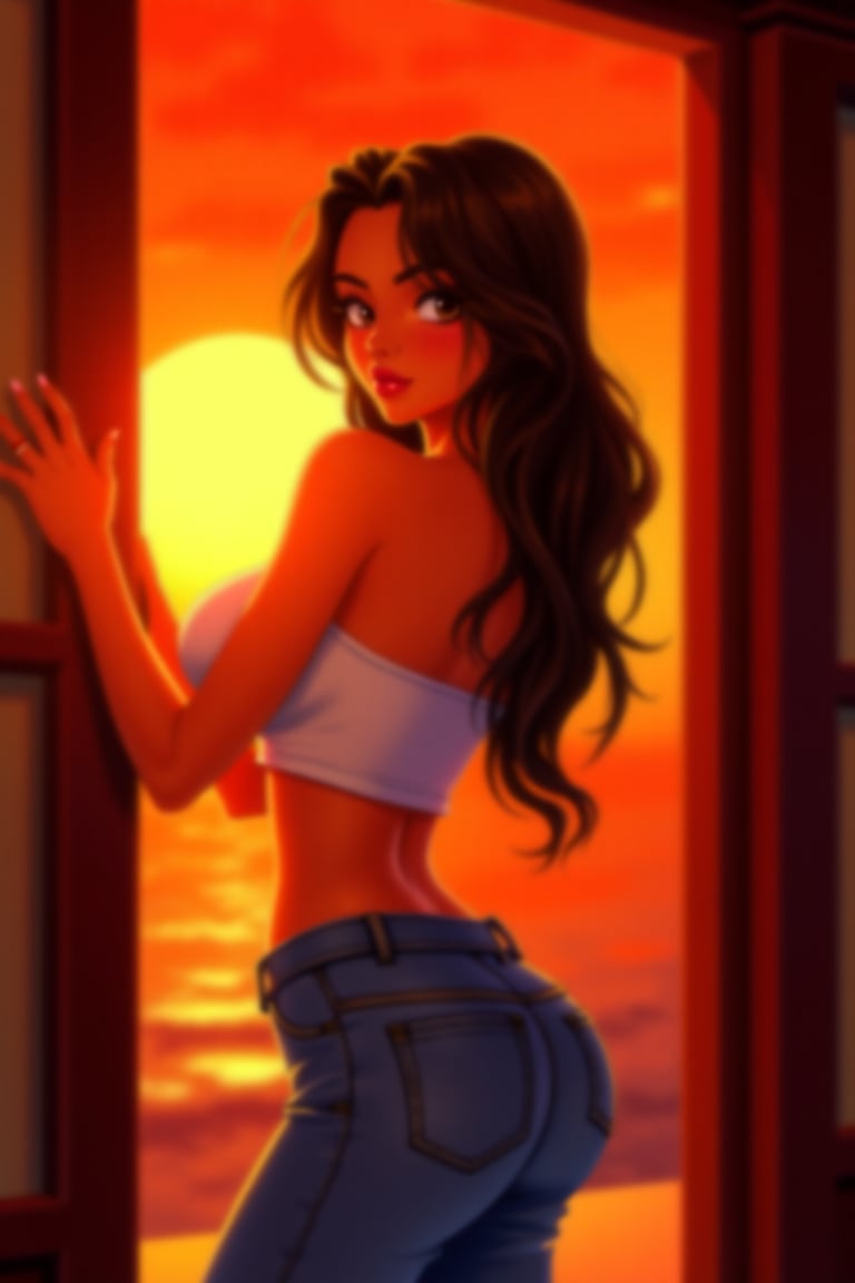 Anime art of a girl , 2.5D image of a stunning young woman with an impressive bustline stands confidently outside a vibrant bar at sunset. She wears a tight-fitting crop top showcasing her toned physique and midriff definition, paired with fitted jeans that accentuate her slim figure. The warm golden light of the setting sun casts a flattering glow on her smooth skin as she relaxes against the rustic wooden doorframe, her long hair cascading down her back, l