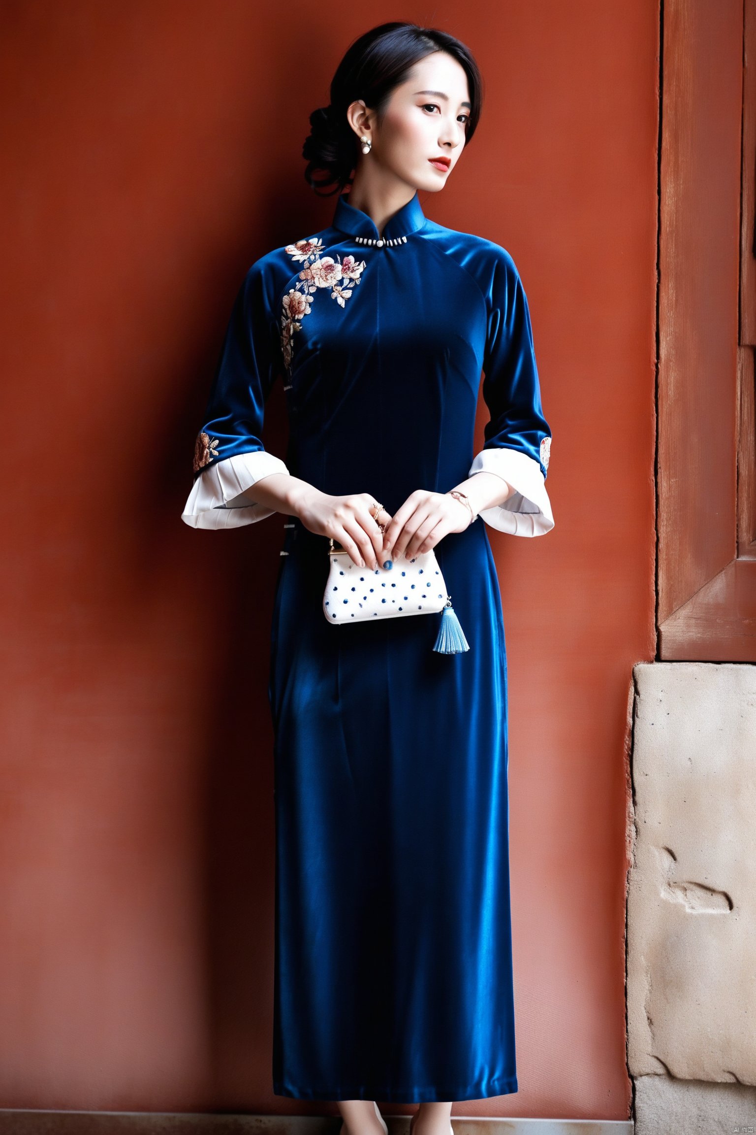 A woman, dressed in a traditional blue velvet cheongsam with bell-shaped sleeves and a high neckline, stands against a rustic red wall. Her attire is complemented by a floral embroidery on the shoulder, adding a touch of elegance. She holds a white, patterned clutch with a blue tassel, and her feet are adorned with delicate white heels. Her hair is styled in an updo with loose curls softly framing her face, and her makeup features striking red lips.