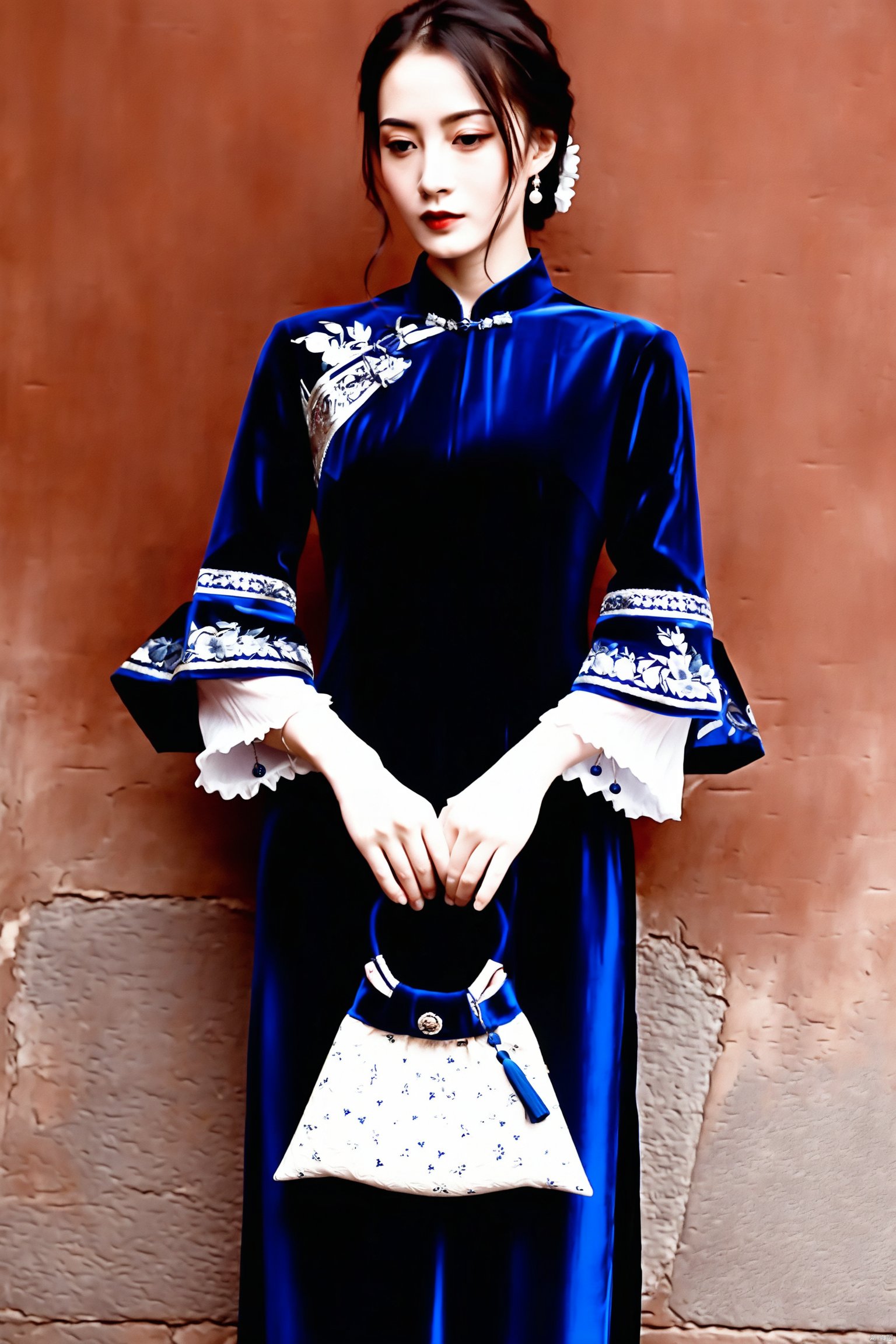 A woman, dressed in a traditional blue velvet cheongsam with bell-shaped sleeves and a high neckline, stands against a rustic red wall. Her attire is complemented by a floral embroidery on the shoulder, adding a touch of elegance. She holds a white, patterned clutch with a blue tassel, and her feet are adorned with delicate white heels. Her hair is styled in an updo with loose curls softly framing her face, and her makeup features striking red lips.