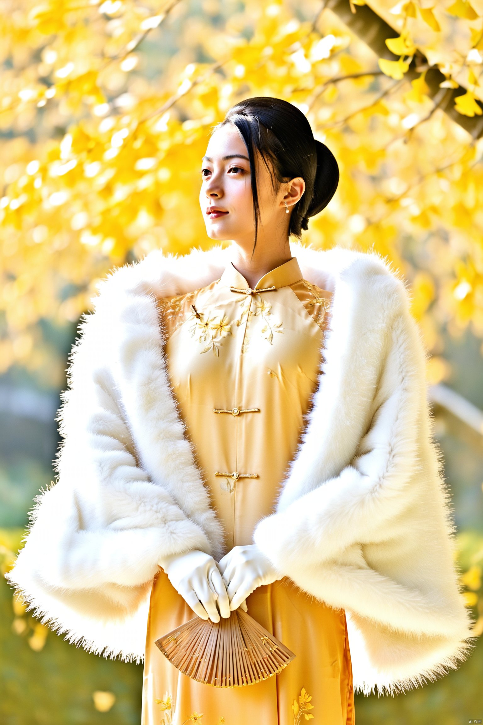 A young woman stands under the canopy of a yellow-leafed tree, her posture relaxed yet elegant. She is adorned in a traditional peach-colored cheongsam with floral patterns, the fabric delicately clinging to her figure. The garment is accentuated with lace and adorned with golden buttons that shimmer subtly in the sunlight. Draped over her shoulders is a luxurious white fur stole, its fluffy texture contrasting beautifully with the sheen of her dress. In her hands, she holds a bamboo fan, its light brown hue complementing the warm tones of her attire. Her hair, styled in a sleek, low ponytail, is accessorized with a simple hairpin that catches the light, adding a touch of sophistication to her look.