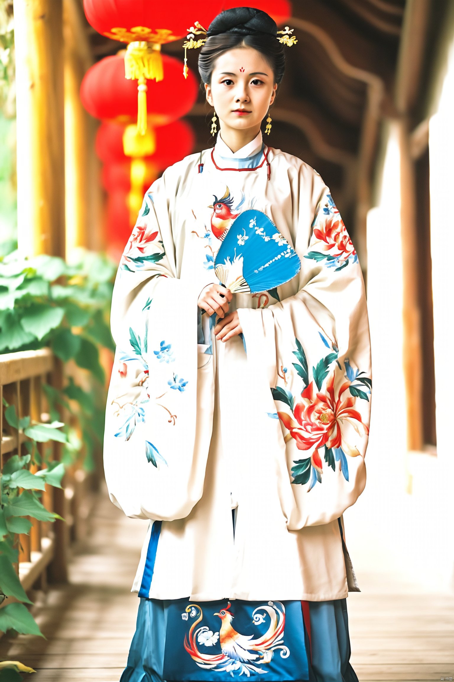 A woman dressed in a traditional white Hanfu with embroidered floral patterns and a phoenix design on the sleeve, holding a blue and white fan adorned with red and white flowers and green leaves, her hair styled in an elegant updo with golden accessories, standing in a wooden corridor with a red lantern hanging in the background.