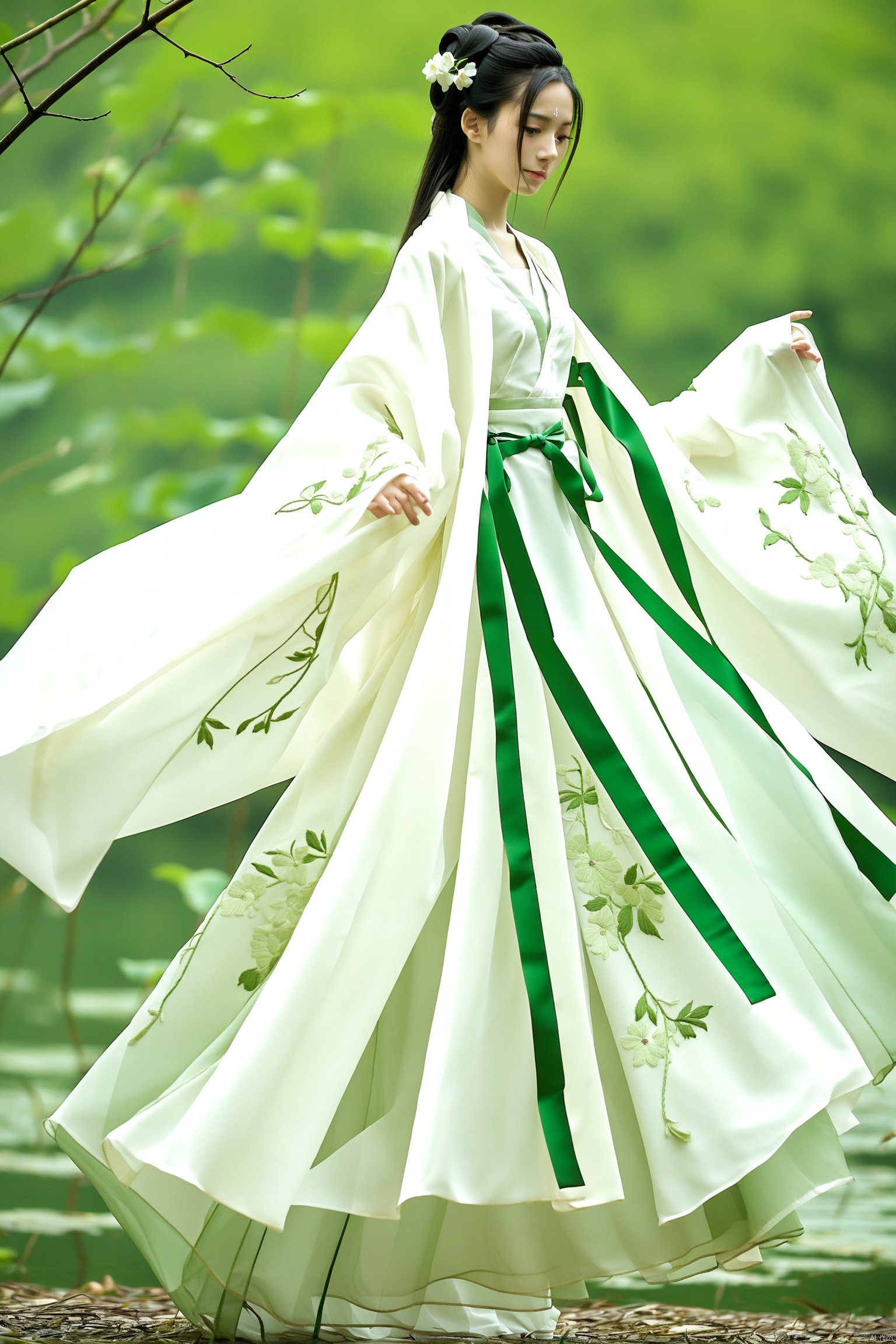 A figure draped in a flowing, traditional Chinese hanfu stands amidst a serene, verdant landscape. The garment is a symphony of white and green, with embroidered floral patterns and sheer fabric that cascades to the ground in gentle folds. A delicate ribbon sash cinches the waist, while long, green sleeves flutter in the unseen breeze. Her hair, styled in loose braids, is accented with white flowers, echoing the natural surroundings. The ensemble exudes an air of historical elegance and harmony with nature.