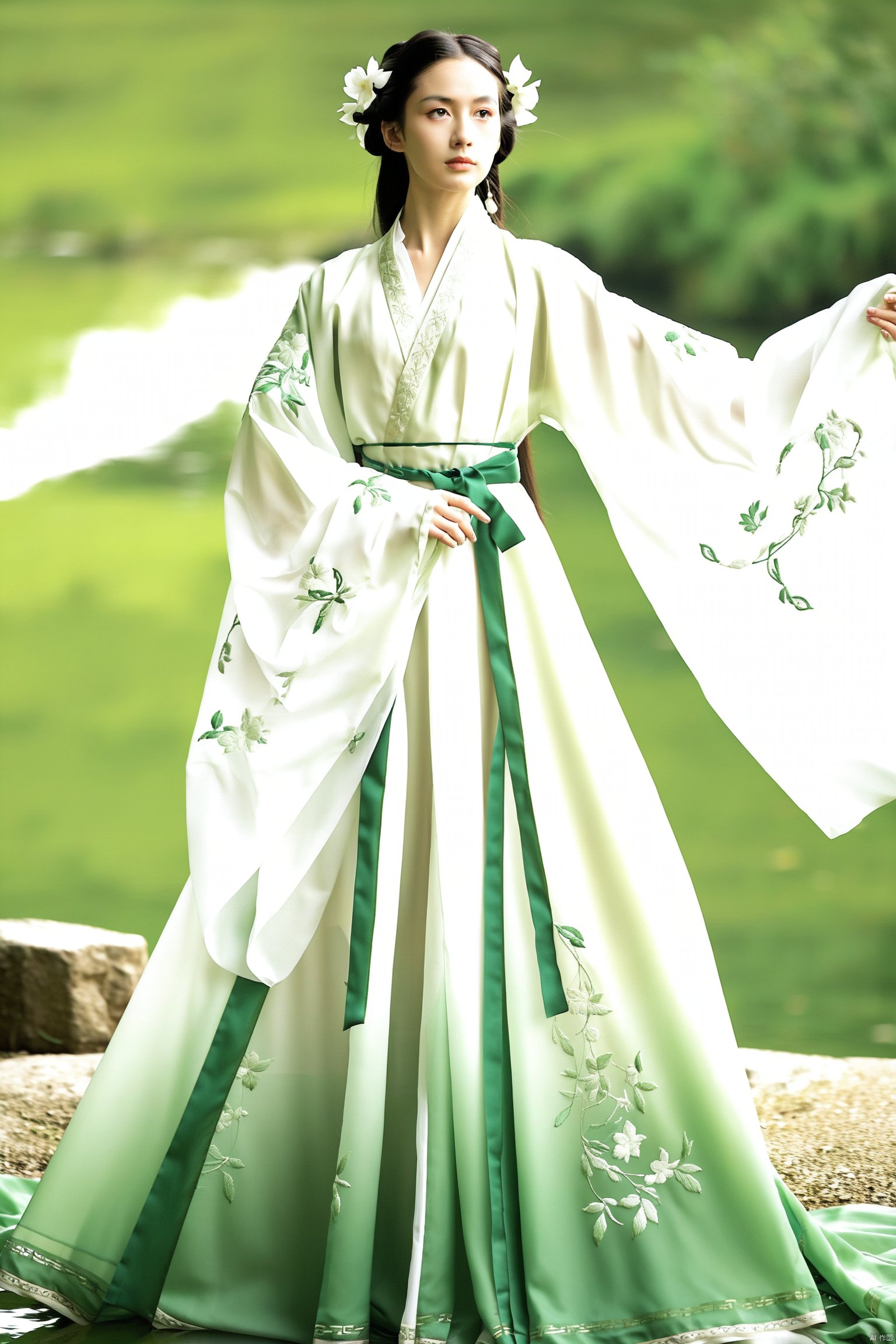 A figure draped in a flowing, traditional Chinese hanfu stands amidst a serene, verdant landscape. The garment is a symphony of white and green, with embroidered floral patterns and sheer fabric that cascades to the ground in gentle folds. A delicate ribbon sash cinches the waist, while long, green sleeves flutter in the unseen breeze. Her hair, styled in loose braids, is accented with white flowers, echoing the natural surroundings. The ensemble exudes an air of historical elegance and harmony with nature.