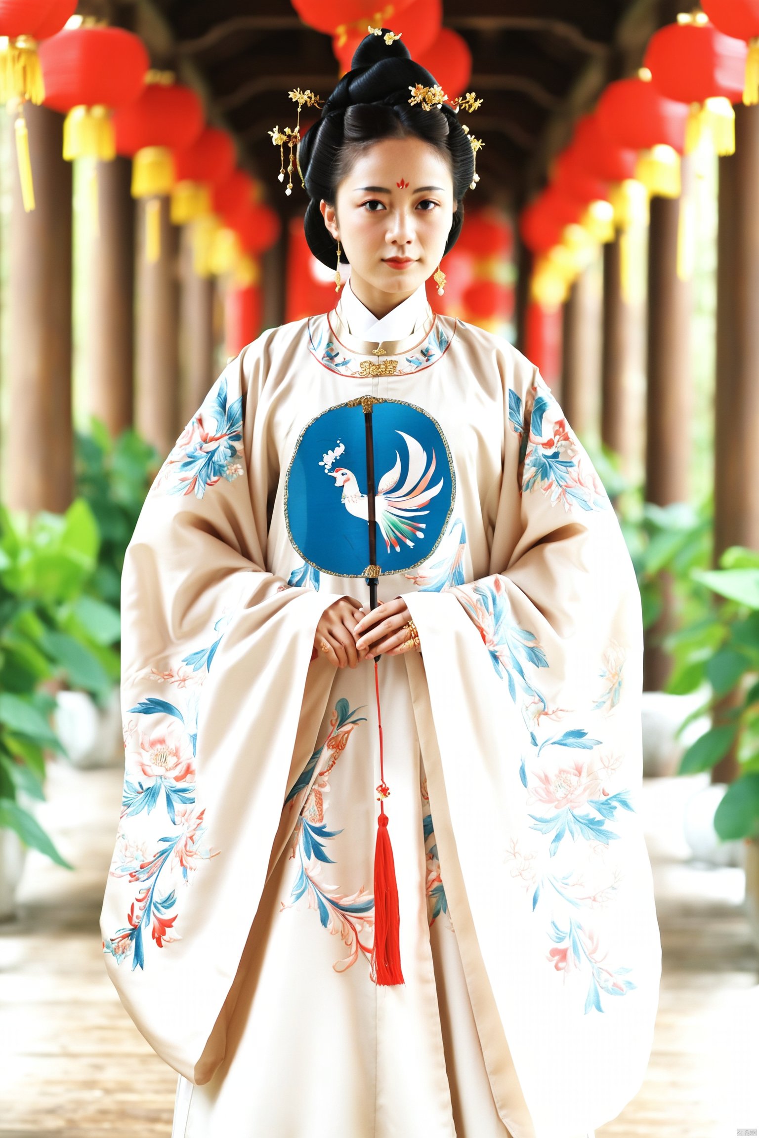 A woman dressed in a traditional white Hanfu with embroidered floral patterns and a phoenix design on the sleeve, holding a blue and white fan adorned with red and white flowers and green leaves, her hair styled in an elegant updo with golden accessories, standing in a wooden corridor with a red lantern hanging in the background.