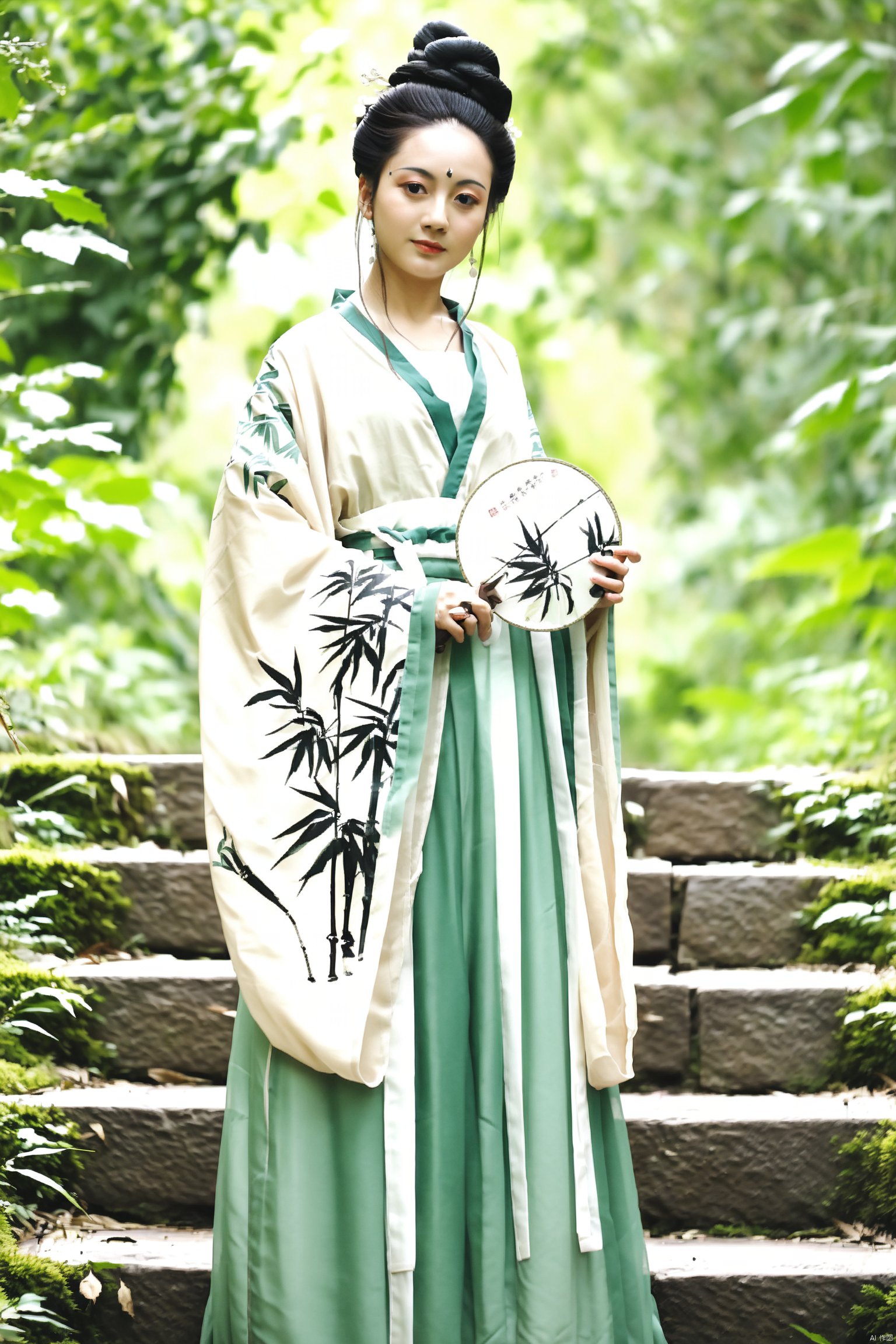 A woman dressed in traditional Hanfu stands on moss-covered stone steps, holding a circular fan adorned with a black and white bamboo pattern. Her hair is styled in an elegant updo with delicate accessories, and she wears a flowing robe in a soft shade of green with a white underlayer. The surrounding greenery and natural light create a serene and timeless atmosphere.