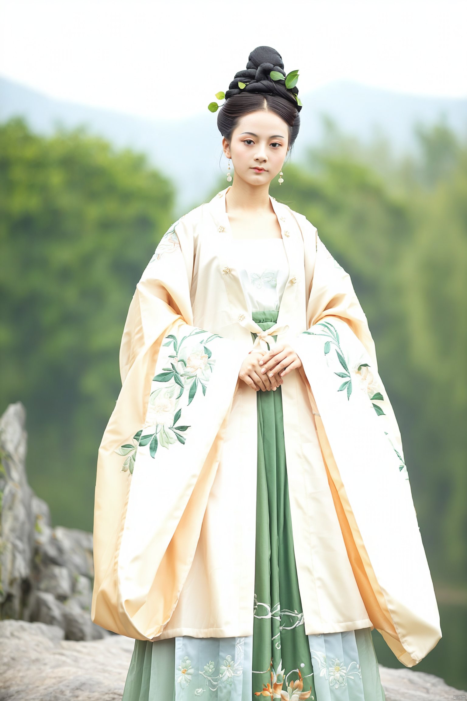 A young woman dressed in traditional Chinese attire, including a white embroidered dress with floral patterns and a flowing pale yellow shawl, stands gracefully against a blurred natural backdrop. Her hair is elegantly styled in an updo adorned with green leaves and delicate flowers, complementing her serene and content expression.