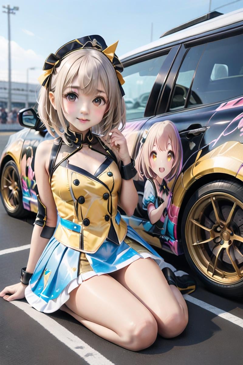 lapping car,print car, painting car,no human, <lora:lappingcarXL27:0.8> with realistic girl,legs,sit on ground,idol,big car,petite,photo real