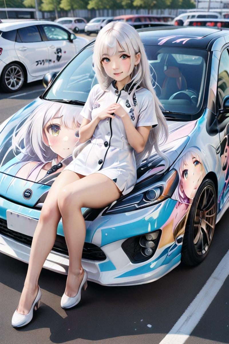 white hair,long hair,lapping car,print car, painting car,no human, <lora:lappingcarXL27:0.8> with realistic girl,legs