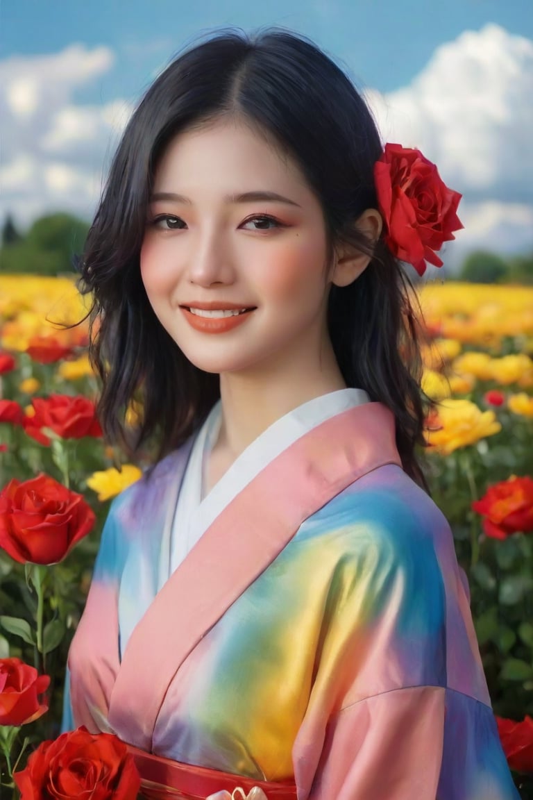 best quality, 4k, 8k, masterpiece, ultra-detailed, a close up portrait a beautiful student model wearing a kimono in the middle of a field of rainbow flowers with a rose in her dark hair,kind smile, eye contact, bliss, epic sky,