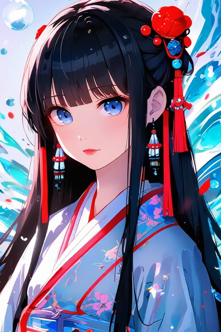 A beautiful anime-style image of a very beautiful, solo girl with a himecut hairstyle, long black hair tied up with a red thread and bangs. She is wearing a cute miko outfit with elegant and noble colors, decorated with jewelry and ornaments, including earrings. Her blue eyes look straight at the viewer, her cheeks are rosy and her lips are parted. The image is of excellent quality, with light particles and water droplets, with emphasized eyelashes. The background is blurred, adding to the masterpiece effect. FuturEvoLabAnime