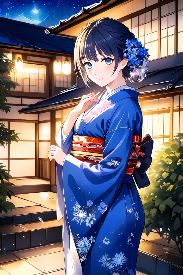 A very beautiful girl, masterpiece quality, light particles, mansion in background, she is a japan girl, blue_yukata , looking at viewer, upper body,Anime Style.