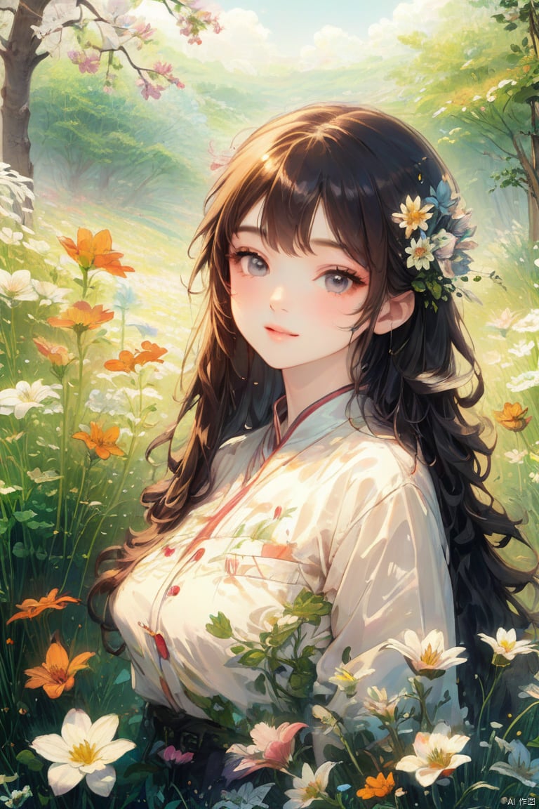 Natural Environment, a girl, flowers, Sun, mottled, grass, squint, (Masterpiece, best quality), (Fine detail beautiful eyes), (Very detailed CG unified 16k wallpaper, Masterpiece, best quality, Super Detail