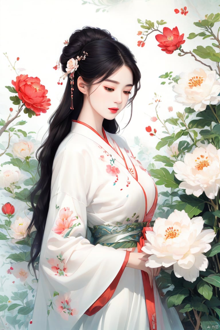 Chinese vector illustration, Masterpiece, 16k HD wallpaper, fine brush, a beauty, solo, long black hair (hairpin) , (float) , white dress (plain) , flower hair accessories, soft light, very high resolution, soft light, low saturation, light background of peony flower (low saturation)