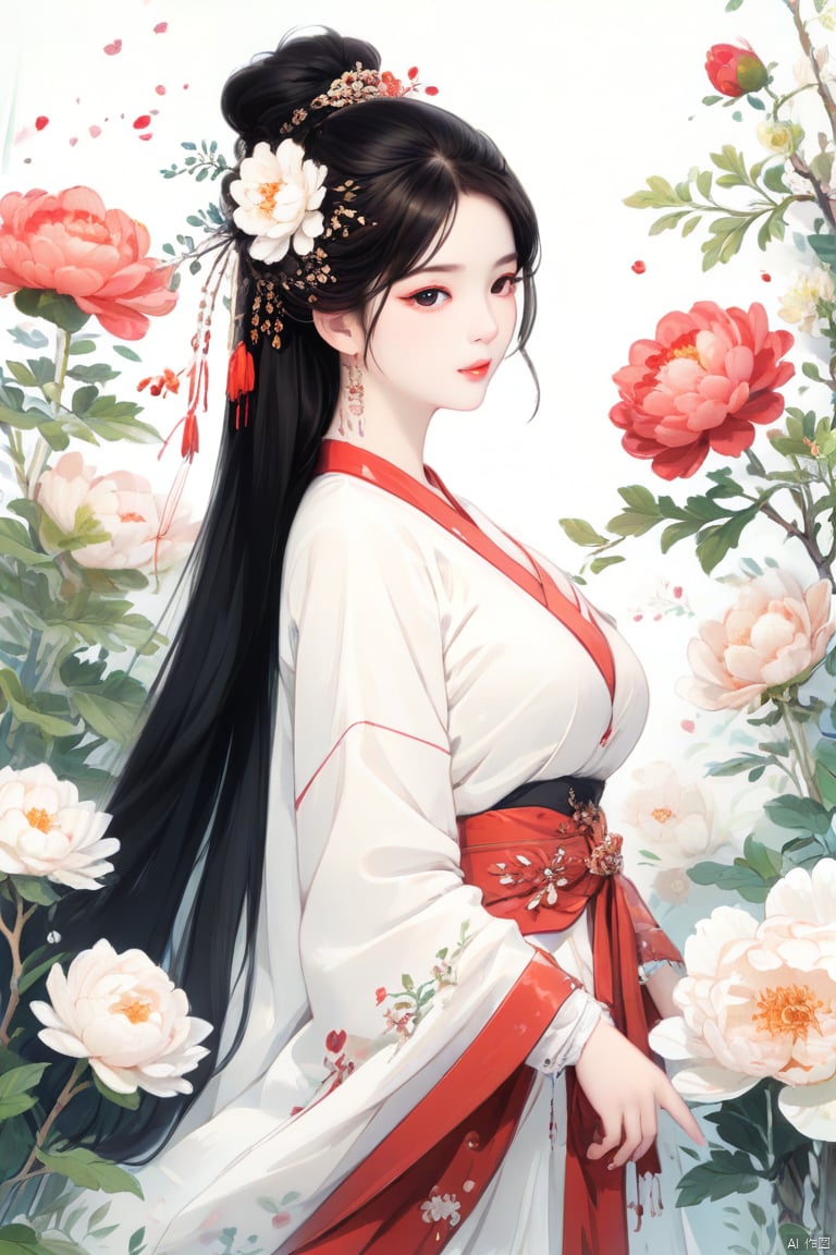 Chinese vector illustration, Masterpiece, 16k HD wallpaper, fine brush, a beauty, solo, long black hair (hairpin) , (float) , white dress (plain) , flower hair accessories, soft light, very high resolution, soft light, low saturation, light background of peony flower (low saturation)