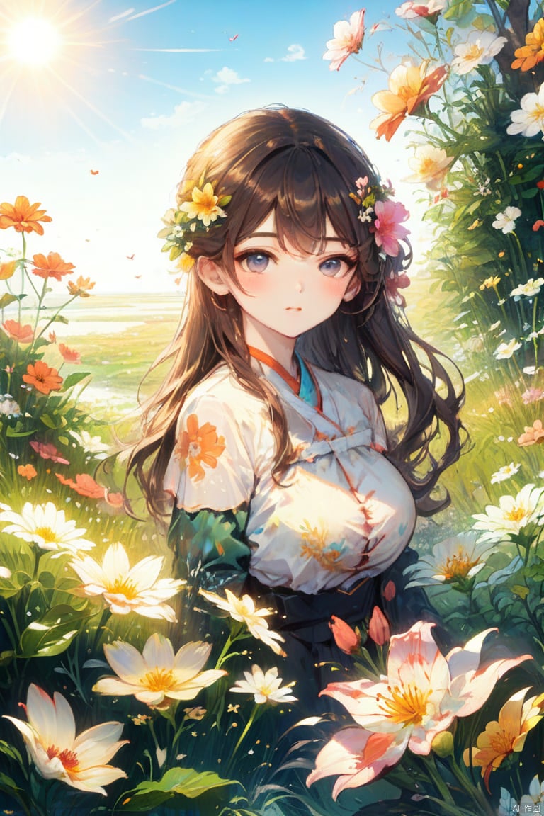 Natural Environment, a girl, flowers, Sun, mottled, grass, squint, (Masterpiece, best quality), (Fine detail beautiful eyes), (Very detailed CG unified 16k wallpaper, Masterpiece, best quality, Super Detail