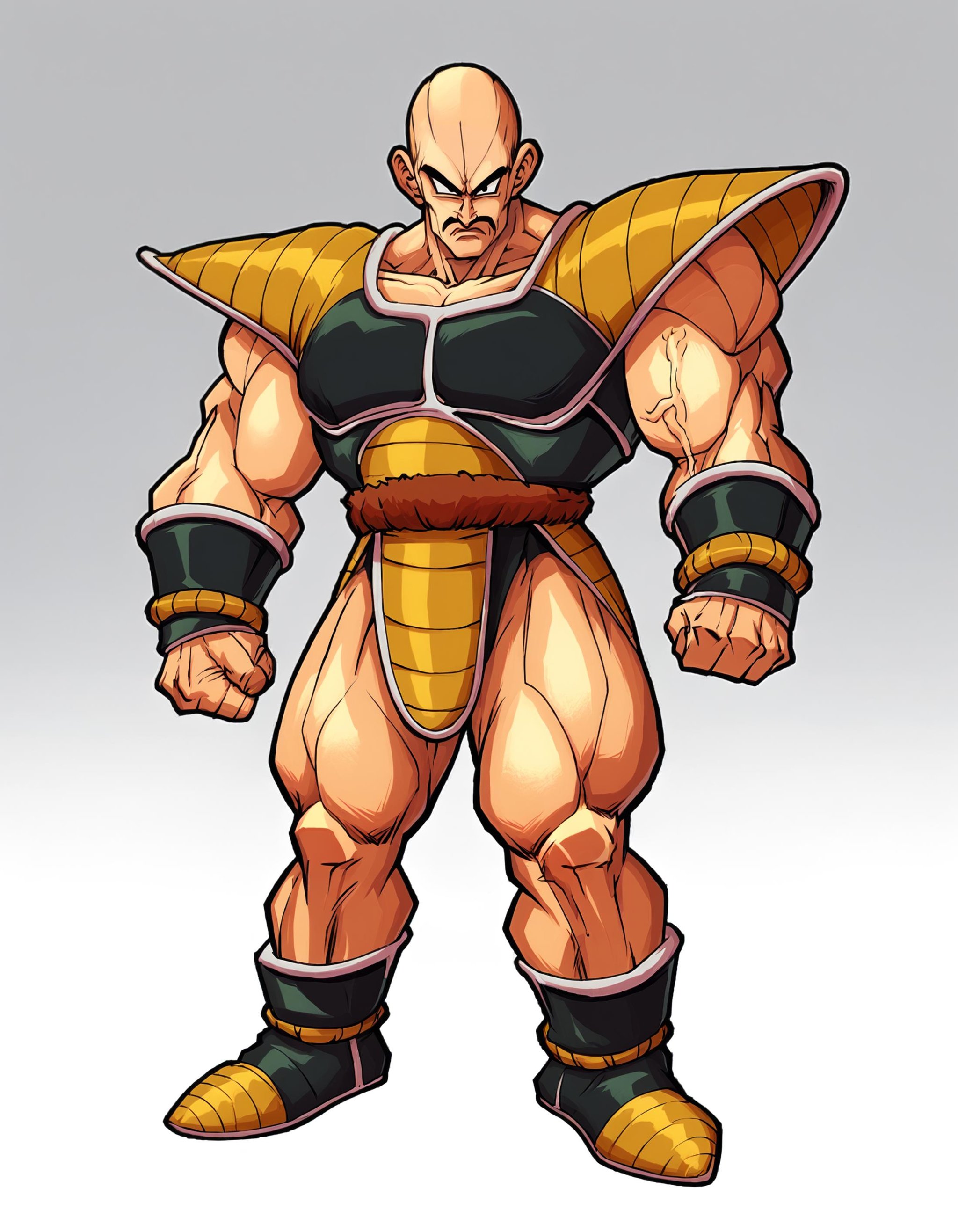 score_9, score_8_up, score_7_up,looking at viewer,gradient background, nappaxl, solo, 1boy, mustache, gloves, boots, full body, saiyan armor, clenched hands, veins, thick thighs, looking at viewer,bald,shoulder armor, <lora:fontezxl2:1>,     <lora:nappaxl3:0.7>