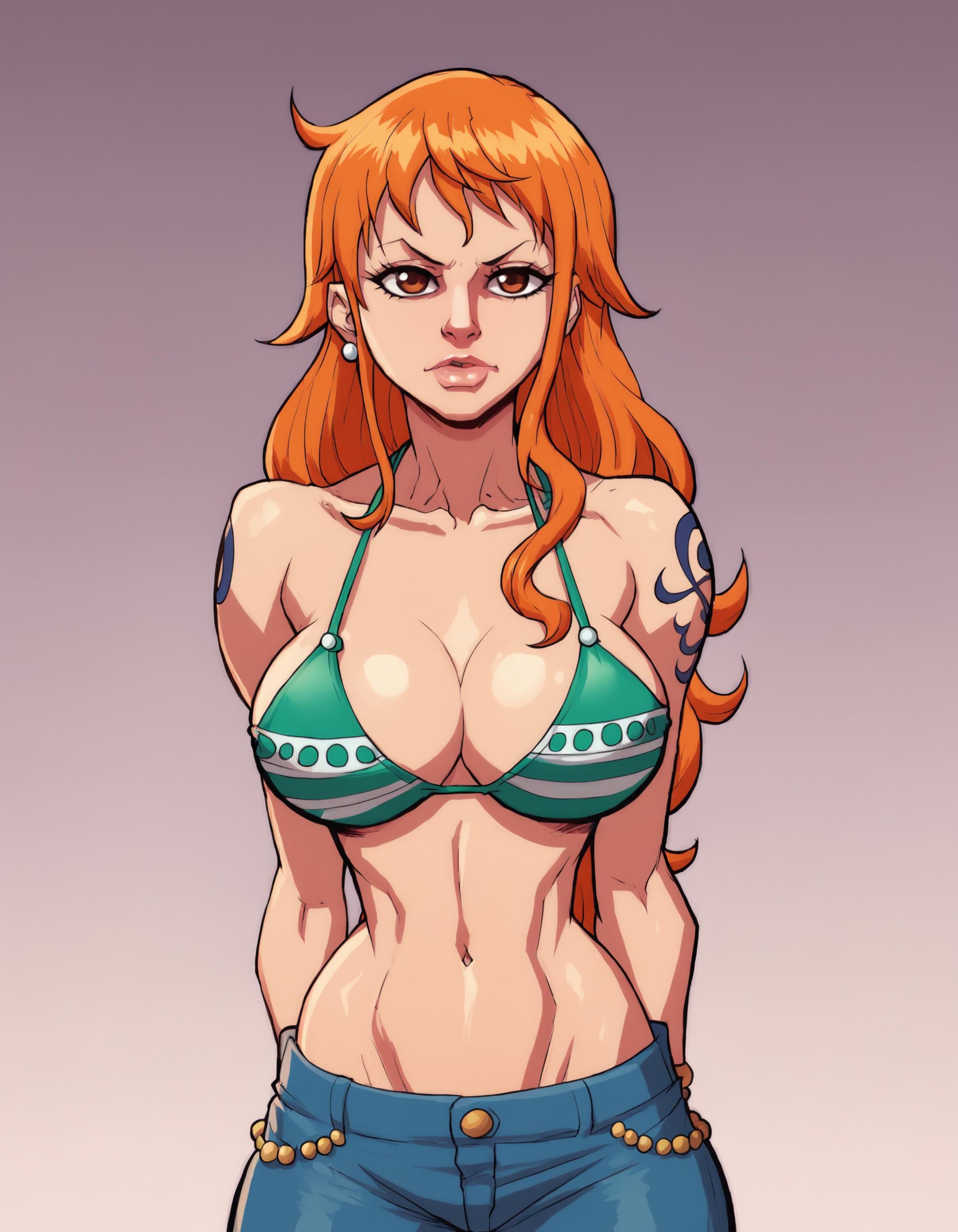 score_9, score_8_up, score_7_up,looking at viewer,large breasts, gradient background, nami, 1girl, orange hair, long hair, swimsuit, bikini, bikini top only, jeans, denim, navel, jewelry, solo<lora:fontezxl2:1>,  <lora:one-piece-nami-s15-ponyxl-lora-nochekaiser:0.6>