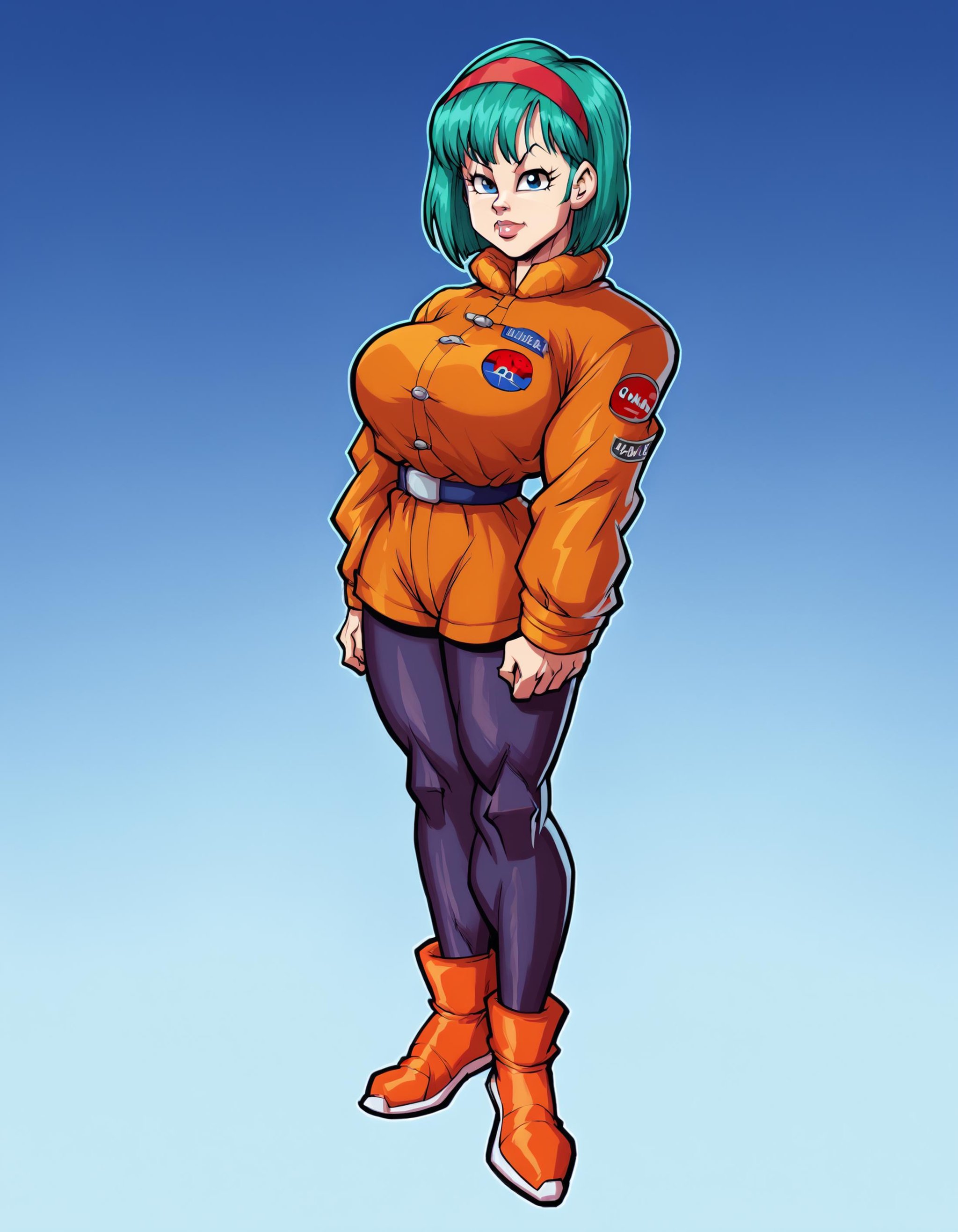 score_9, score_8_up, score_7_up,looking at viewer,large breasts, gradient background, bulmaxl, 1girl, solo, looking at viewer, medium length hair, red hairband,space jacket,  orange footwear, blue background, black tights,<lora:fontezxl2:1>,   <lora:bulmaxl4:0.5>